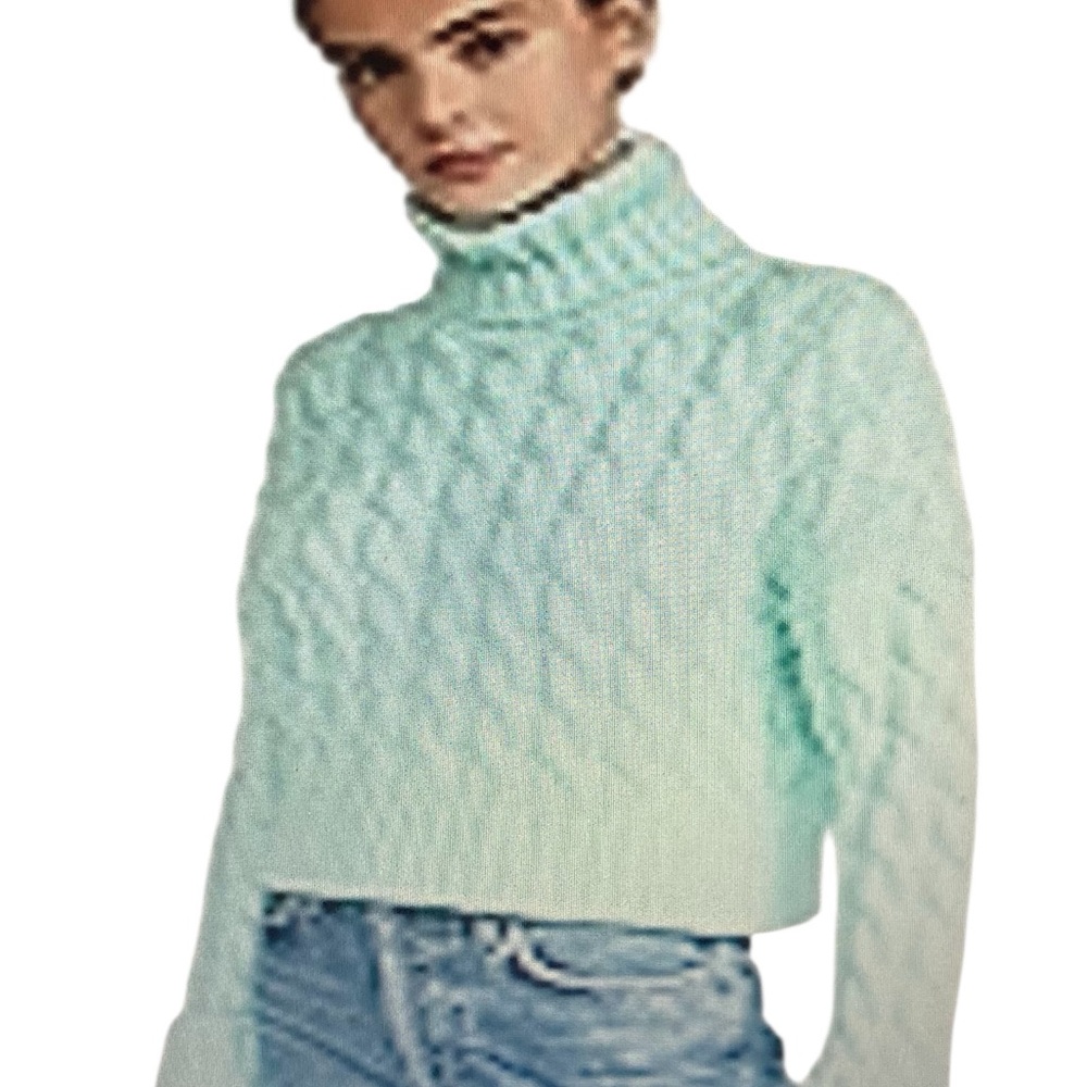 SOKIE COLLECTIVE | Mint Green Chunky Cable Knit Crop Turtleneck Sweater M Coquet